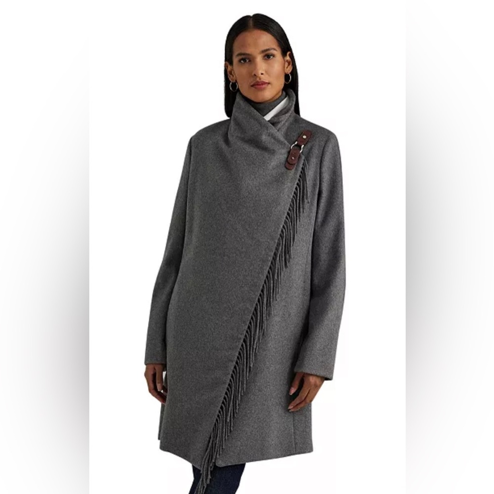 Lauren Ralph Lauren Fringe Wrap Coat Heather Gray Wool Blend Mid Length Size 6 - Picture 3 of 14